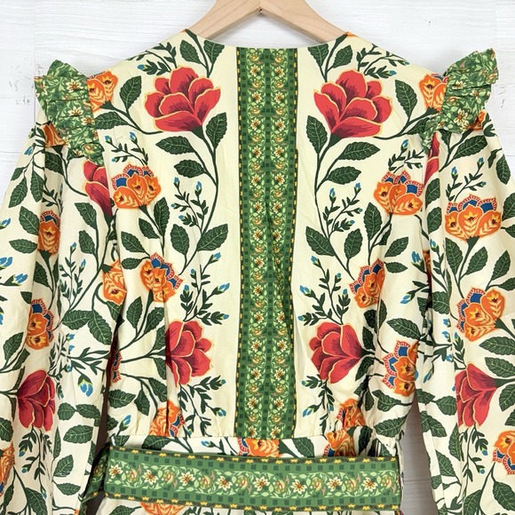 Farm‎ Rio Sand Garden Tapestry Romper XS Floral Green Puff Sleeve Cottage Whimsy - Picture 12 of 16